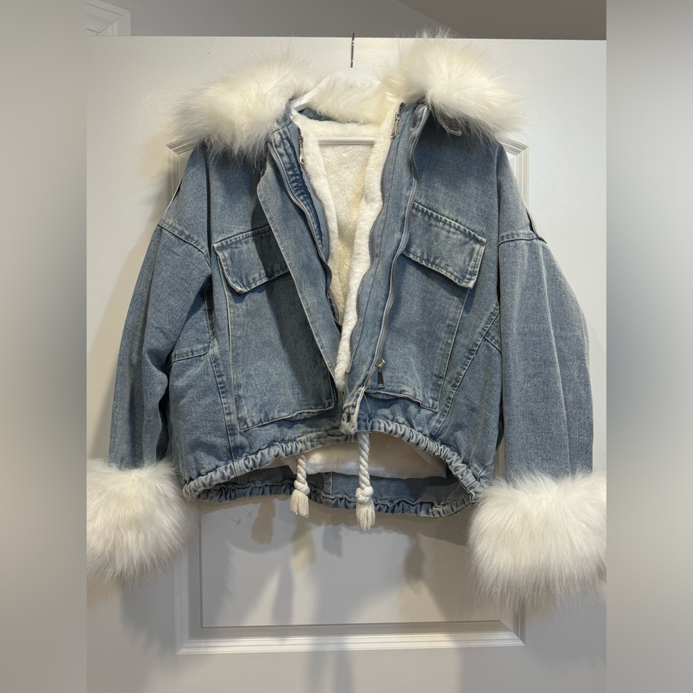 Flamant Rose Oversized Denim & Plush Faux Detachable Fur Jacket Coat